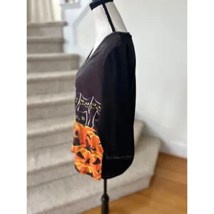 Vintage 90s Black & Orange Halloween Black Cat Bedazzled Rhinestone Pumpkin Top thumbnail 5