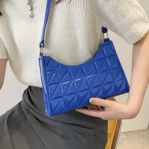 Shein Quilted Pattern Baguette Shoulder Bag Purse Blue Diamond Grid Zipper thumbnail 2