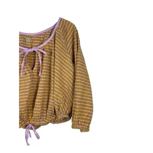 Free EST Free People Boho Mustard Plaid Blouse Peasant Top Balloon Sleeve Tie thumbnail 5