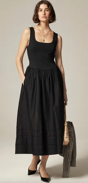 J.Crew Drop Waist Mixy Dress Midi Cotton A Line Retro Minimalist Black Large NWT thumbnail 1