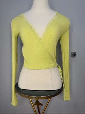 Urban Outfitters Lime Green Ribbed Lace-Trim Wrap Sweater thumbnail 2
