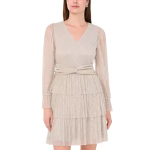 NWT 1. STATE Womens Metallic Crinkled Tiered V-Neck Dress Silver Gray / Gold XS thumbnail 3