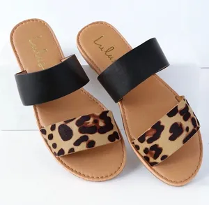 Lulus Time To Chill Black & Leopard Sandals Double Strap Slip On thumbnail 1