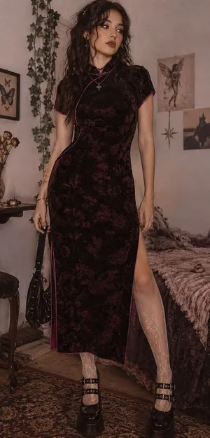 Vintage Velvet Burnout Asian Inspired Midi Dress Whimsygoth Y2K Fairy Grunge thumbnail 1