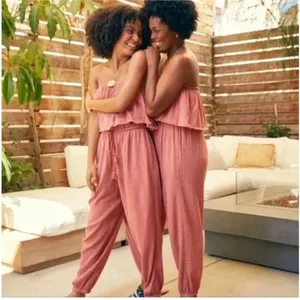 Aerie Pink Salmon Strapless Crinkle Smocked Pants Jumpsuit Romper thumbnail 10