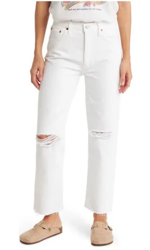 Re/Done 70s Stove Pipe Jean White Ripped Knees Raw Hem Size‎ 29 Rigid Button Fly thumbnail 1