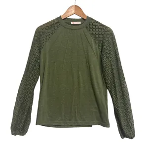 Lace Sleeve Top Womens S Olive Green Pleated Balloon Sleeve Boho Office Feminine thumbnail 2