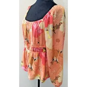 NWT DR2 Daniel Rainn | M | Melon Floral gathered Top Blouse Women's Peasant thumbnail 2