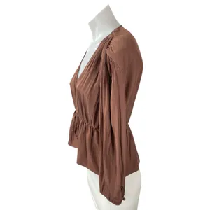 Aritzia Wilfred Shanina Womens Brown Deep V Neck Long Sleeve Tie Blouse Top Sz S thumbnail 3
