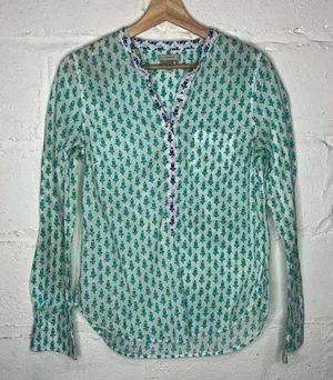 J. Crew Women's Teal Blue White Cotton Thistle Print Popover‎ Size Small thumbnail 1