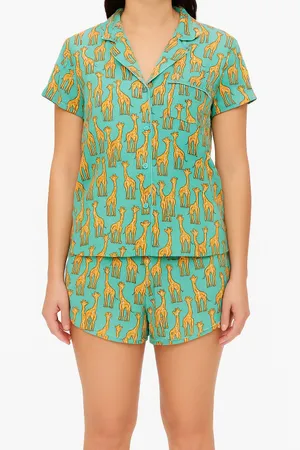 MeUndies Women’s Pajama Set Giraffe Print Button Up Top & Shorts Size M thumbnail 1