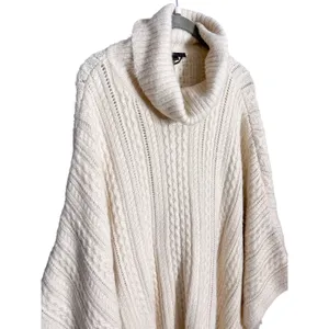 NEW Donna Karan‎ Ivory Cable Knit Cowl Neck Poncho Sweater Cape thumbnail 5