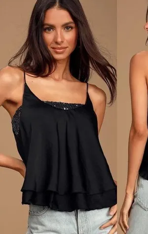 Free People Turn It On Black Satin Sequin Cami Top thumbnail 1