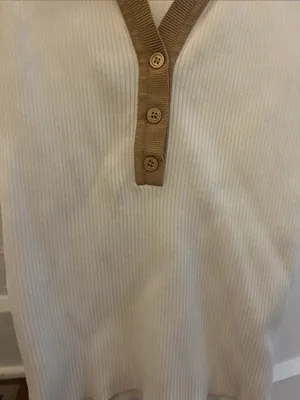 Grey Lab Ribbed Sleeveless Polo Tank Top - Cream with Tan Collar S thumbnail 2