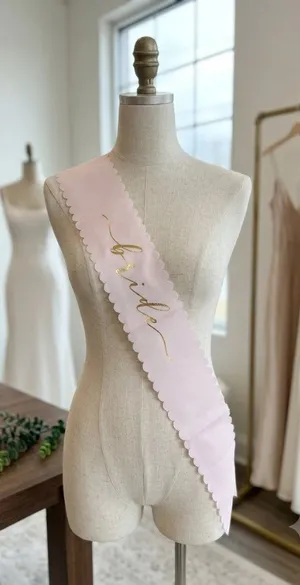NWT Light Pink Scalloped "Bride" Sash – Gold Script Lettering thumbnail 1