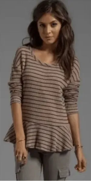 Free People Women's Striped Fringe Neck Thermal Peplum Top Brown Black‎ Size XS thumbnail 1