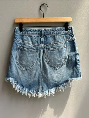 Free People We the Free Frayed Hem Denim Skirt Asymmetrical Seam Size 26 Cotton thumbnail 4