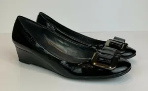 Stuart‎ Weitzman Wedge Heels 5.5 Black Patent Leather Silver Bow Office Career thumbnail 1