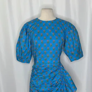 AUREUM Ruched Sash Blue Floral Mini Dress Puff Sleeves Ruching Ruffle Small thumbnail 3