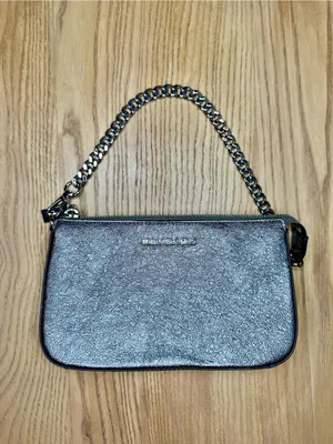 Michael Kors Pouchette Wrislet Gunmetal Metallic Leather Silver Chain Strap thumbnail 3
