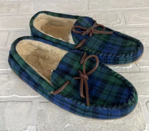 J Crew Slippers Womens 8 Green Blue Plaid Faux Shearling Fur Lining Moccasin thumbnail 1