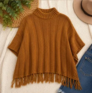 Ultra Flirt Cozy Fringe Mock Neck Poncho in Tan/Brown thumbnail 1