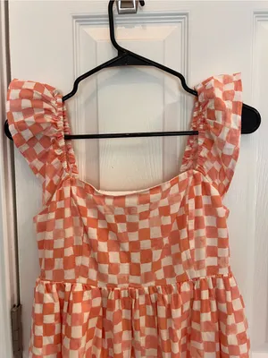 American Eagle Outfitters Coral and White Checkered Ruffle-Strap Romper thumbnail 2