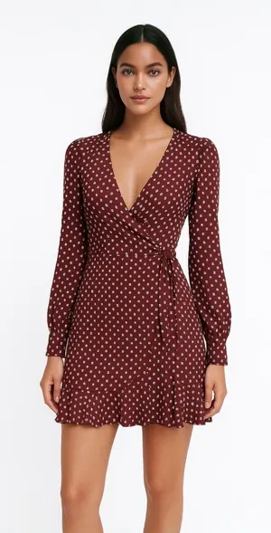 Abercrombie & Fitch Red Floral Plunge V-Neck Long Sleeve Mini Wrap Dress XXS thumbnail 1
