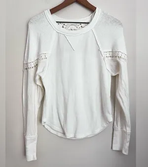 Free People White Luella Textured Thermal Top long sleeve eyelet peasant boho S thumbnail 3