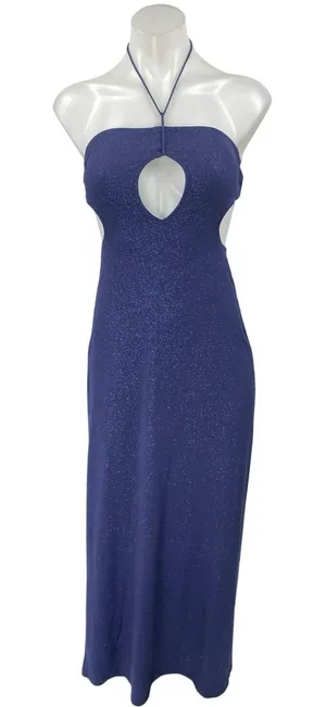Women's Navy Blue Glitter Sleeveless Halter Cutout Tie Back Midi Dress Size XS thumbnail 1