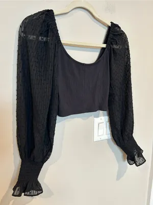 Urban Outfitters Black Square Neck Crop Top with Sheer Swiss Dot Puff Sleeves thumbnail 6
