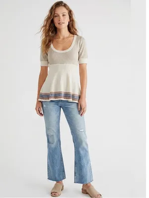 Free People Cream Fair Isle Fit & Flare Short Sleeve Knit Top Size XS thumbnail 2