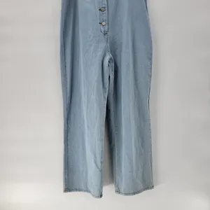 Polagram Overall Button Up Denim Jumpsuit Womens L Blue Light Wash Ruffle Straps thumbnail 13