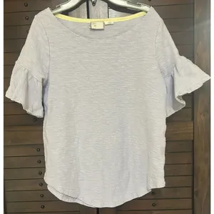 Anthropologie Postage Stamp Ruffle Sleeve Light Blue Curved Hem Cotton Top Small thumbnail 2