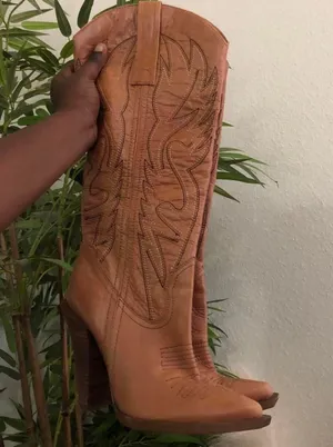 Brown Tan Abilene Alan genuine leather 4” heeled knee high western cowboy/cowgirl boots flame embroidery -Size 9.5B Measurements in pics Like new 2000s Y2K boho indie hippie streetwear festival concert thumbnail 1