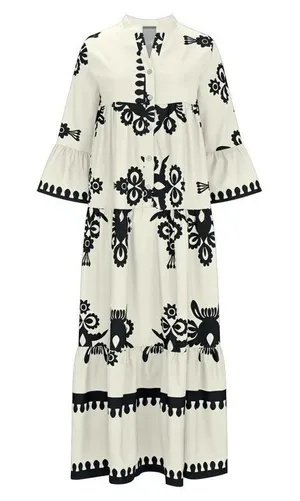 Boho Floral Folk Art Maxi Dress Cream Black Tiered‎ Bell Sleeve Womens Large thumbnail 1