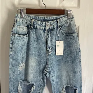 Trendy Light Blue Distressed Boho, Streetwear Flare Jeans thumbnail 2