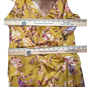NWOT Express Satin Mustard Yellow Floral Bird Twist Front Tulip Midi Dress Small thumbnail 13