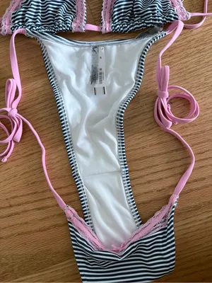 Frankie's Bikinis Pink & Black Striped Lace-Trim Triangle Bikini thumbnail 2
