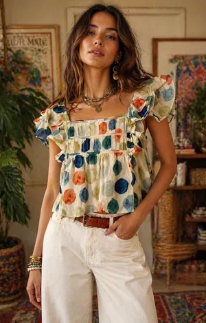 Anthropologie Current Air Polkadot Ruffle Sleeve Eclectic Boho Tank Top Blouse thumbnail 1