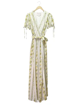 Gal Meets Glam Imogene Maxi Dress Sz 4 Yellow Floral Stripe Wrap Puff Sleeve GMG thumbnail 2