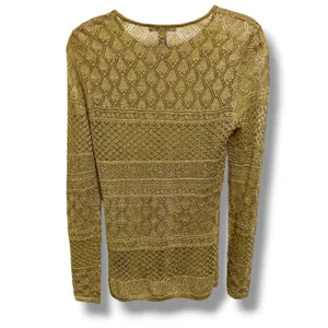Lauren Ralph Lauren‎ Gold Metallic Pointelle Knit Crochet Sweater Top Womens M thumbnail 3