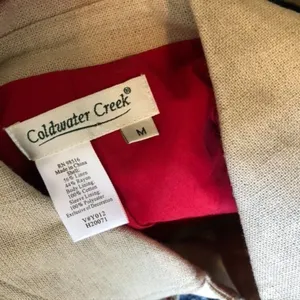 COLDWATER CREEK Beige Tan Red Blue Cross Stitch Linen Etc Shacket Jacket Medium thumbnail 4