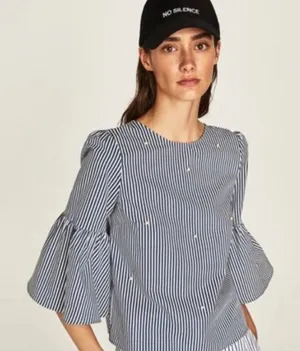 Zara Navy and White Striped Blouse Poplin Bell Sleeves Pearl Accent 3/4 Sleeves‎ thumbnail 1