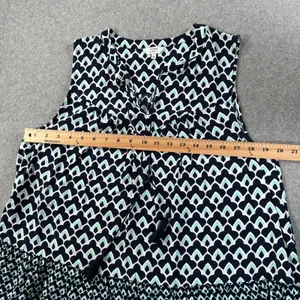 Crown & Ivy Blue Print Sleeveless Blouse Women's Large V-Neck Ruffle Hem Tassel thumbnail 5