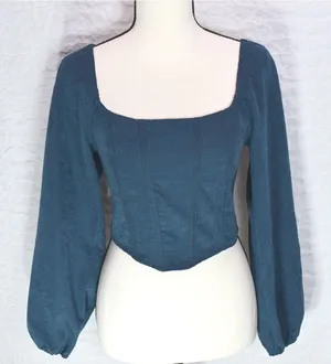 Kirious Los Angeles Teal Corset Crop Top Long Puff Sleeve Smocked Back Small thumbnail 1