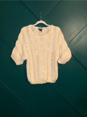Lauren Michelle Cream Textured Puff-Sleeve Popcorn Knit Boucle Sweater Boho Chic thumbnail 2