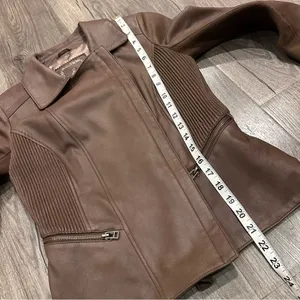 My Tribe Leather Moto Jacket Brown Full Zip Asymmetric Hem Biker Rocker XS Y2K thumbnail 16