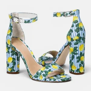 Gianni Bini Joenah Lemon Print Ankle Strap Block Heel Sandals Size 6 Blue White thumbnail 1