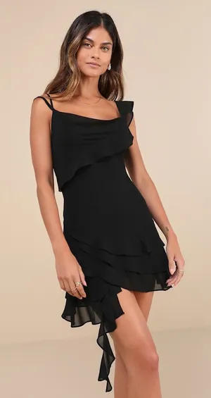 NWT Lulus Alluring Presence Black Ruffled Tiered Mini Dress LBD Party Size XL thumbnail 1